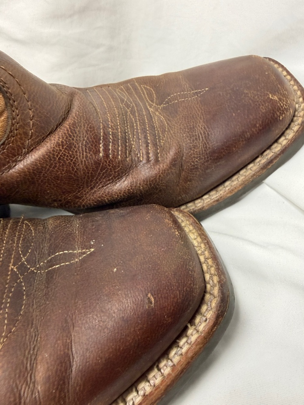 Ariat Brown and Tan Western Cowboy Boots with Orange Stitching - Picture 4 of 5